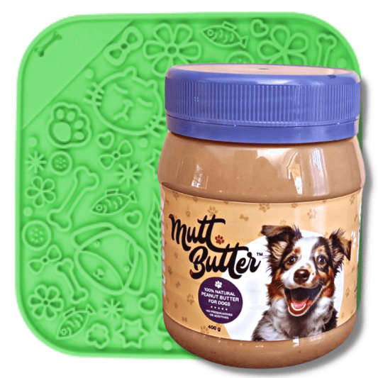 Square Lick Mat (20cm) with 100% natural Mutt Butter (400 g) doggy friendly peanut butter