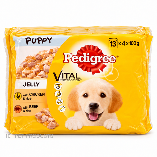 Pedigree Puppy Wet Dog Food Pouches in Jelly – Chicken & Beef with Rice (13 × 4 × 100 g)