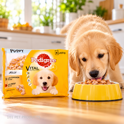 Pedigree Puppy Wet Dog Food Pouches in Jelly – Chicken & Beef with Rice (13 × 4 × 100 g) lifestyle image