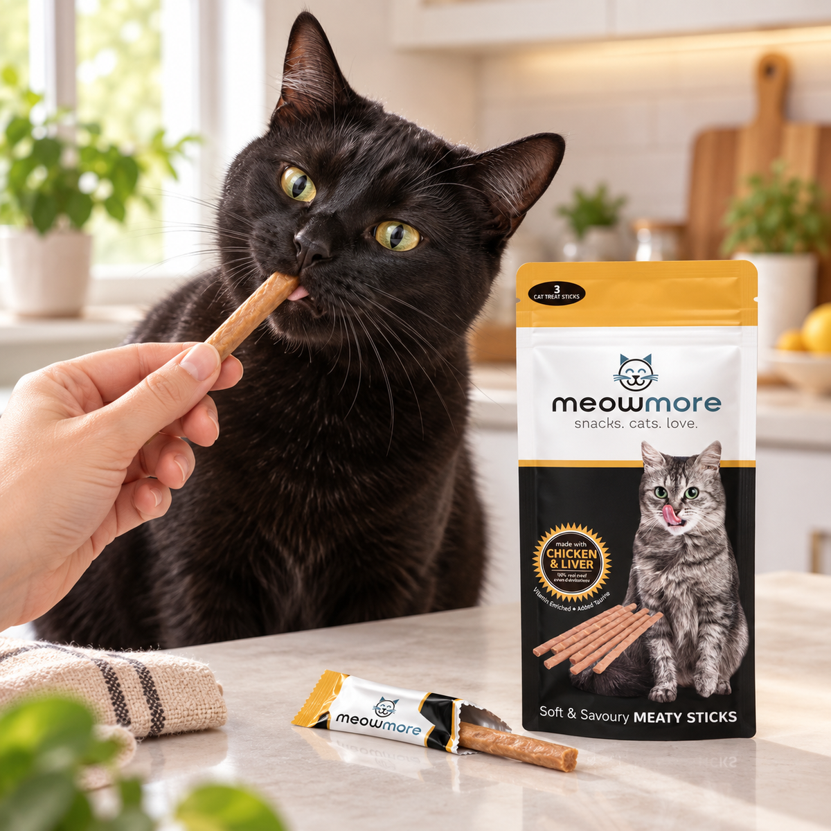 Meow More Chicken & Liver Cat Treats 15 g (3 Pack) lifestyle image