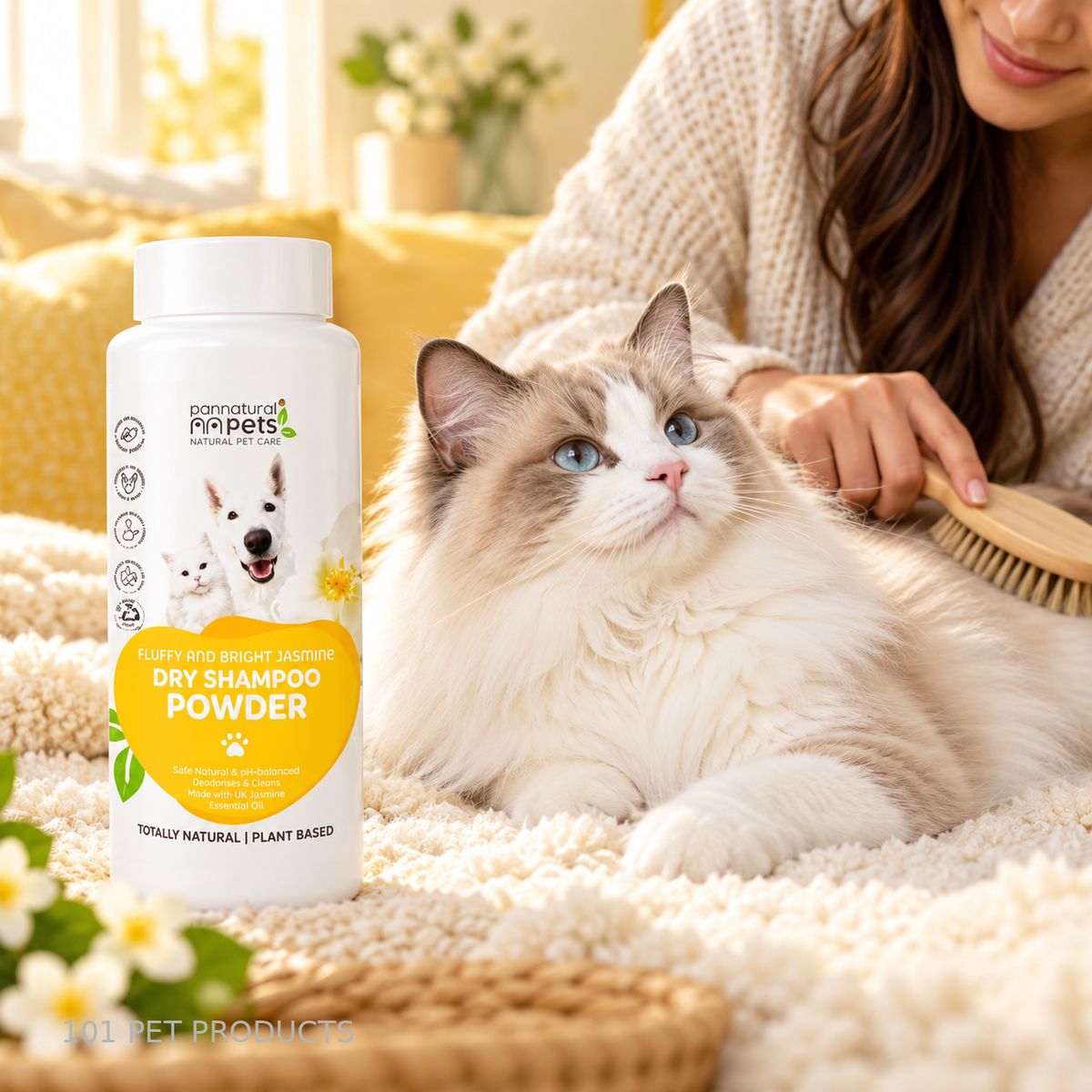 Pannatural Pets Fluffy & Bright Jasmine Dry Shampoo Powder – 220 ml lifestyle image